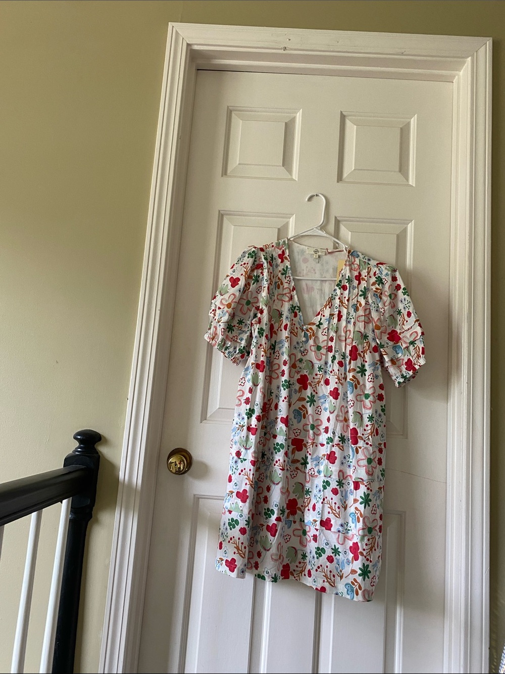fab'rik White Mini Dress with Red & Green Floral Print